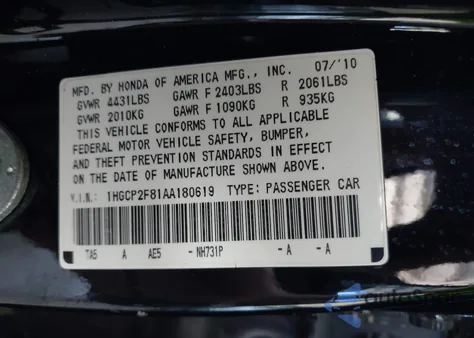 2010 Honda Accord 2.4 Ex-L из США, поврежденный, VIN 1HGCP2F81AA180619